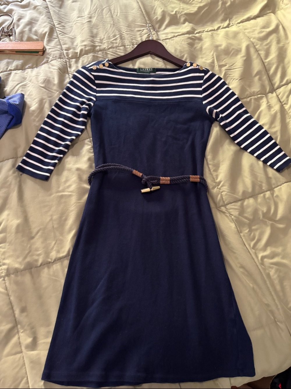 Ralph Lauren Navy and White Striped Boatneck Rope-Belt Dress